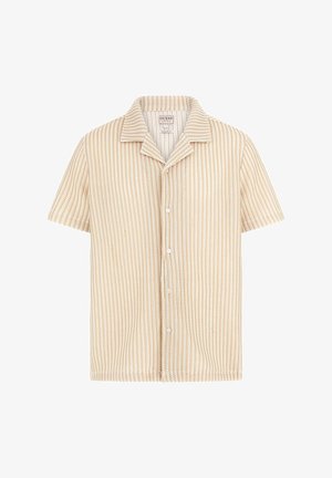 Kurzärmliges Hemd mit Knopfleiste in creme- und beige gestreiftem Muster, mit Kragen und kleinen Vorderknöpfen. Hergestellt aus leichtem Stoff.