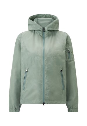 Light green lightweight jacket with a hood, front zip closure, two zippered side pockets, and an upper arm pocket. Smooth texture.