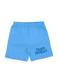 Niebieskie dziecięce szorty z elastycznym pasem i ciemnoniebieskim napisem "PAW PATROL!" oraz grafiką odcisku łapy na nodze.
