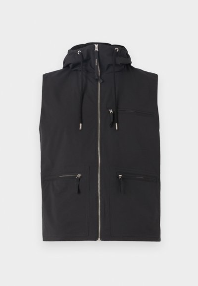Black sleeveless jacket with a hood, featuring a front zip closure, two front zip pockets, and adjustable drawstrings on the hood.