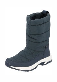 Botte isolante bleu marine avec tissu matelassé, tige rembourrée, semelle blanche contrastante et une languette pour un enfilage facile. Design étanche.
