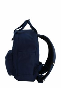 Navy blue backpack made from durable fabric. Features adjustable straps, a front pocket, and a padded back for comfort. Rectangular shape.