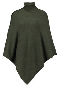 Oliwkowozielony poncho z wysokim kołnierzem, wykonany z miękkiej dzianiny. Charakteryzuje się kształtem diamentu i bezszwowymi krawędziami dla gładkiego wykończenia.
