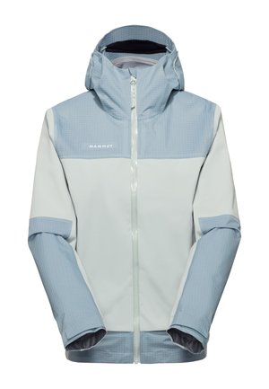 Giacca outdoor con cappuccio blu chiaro e grigia, con cerniera frontale, polsini regolabili e logo Mammut sul petto.