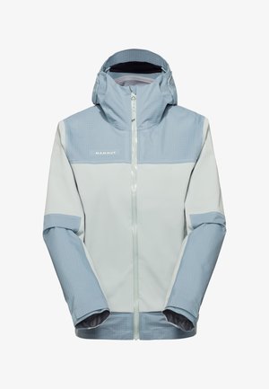 Hellblaue und graue Outdoor-Jacke mit Kapuze, Frontreißverschluss, verstellbaren Bündchen und Mammut-Logo auf der Brust.
