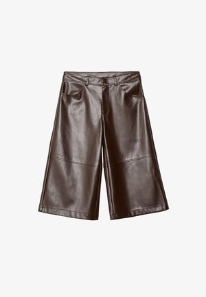 Brown faux leather wide-leg knee-length shorts with front pockets and belt loops, laid flat on a white background.