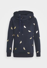 Felpa blu navy con colletto ampio e lacci, decorata con stampe di piume in oro metallizzato sparse.
