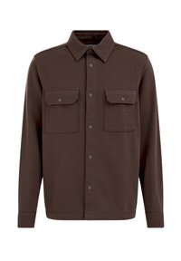 Barna gombos ing, puha anyagból, klasszikus gallérral, két mellzsebbel és hosszú ujjal. Kattintós gombokkal rendelkezik.