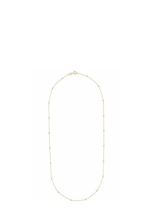 Goldene Metallkette mit gleichmäßig verteilten kleinen runden Perlen. Verfügt über einen Karabinerverschluss für sicheren Halt und hat ein dünnes, zartes Kettendesign.