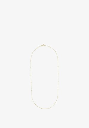 Goldene Metallkette mit gleichmäßig verteilten kleinen runden Perlen. Verfügt über einen Karabinerverschluss für sicheren Halt und hat ein dünnes, zartes Kettendesign.