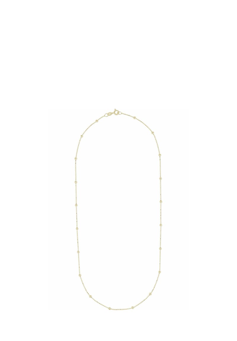 Goldene Metallkette mit gleichmäßig verteilten kleinen runden Perlen. Verfügt über einen Karabinerverschluss für sicheren Halt und hat ein dünnes, zartes Kettendesign.