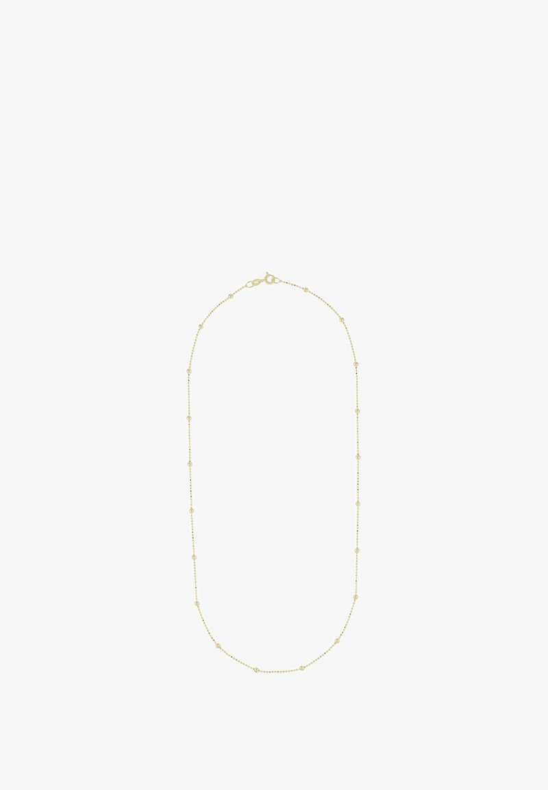 Goldene Metallkette mit gleichmäßig verteilten kleinen runden Perlen. Verfügt über einen Karabinerverschluss für sicheren Halt und hat ein dünnes, zartes Kettendesign.