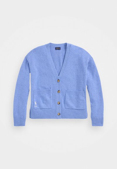 Light blue cardigan made of soft knit fabric. Features a V-neck, five button closure, two front pockets, and ribbed cuffs and hem.