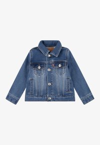 Jeansjacka i mörkblått, med spetsig krage, två bröstfickor, silverfärgade knappar och kontrasterande sömmar.