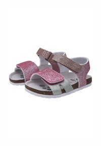 Sandali glitterati con cinturini rosa e verdi, chiusure in velcro regolabili e una soletta in sughero con suola in gomma bianca.