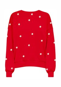 Red sweatshirt with white floral embroidery, loose fit, round neckline, long sleeves, ribbed cuffs, and hem. Soft fabric texture.