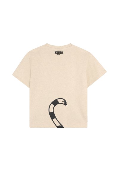 T-shirt beige à manches courtes en coton, orné d'un design graphique noir ressemblant à une queue enroulée au dos, avec "KENZO PARIS" imprimé au-dessus.