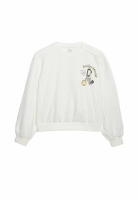 Sweatshirt blanc avec des poignets et un ourlet côtelés, arborant un design graphique sur la poitrine avec du texte et des symboles en accents noirs et bruns.