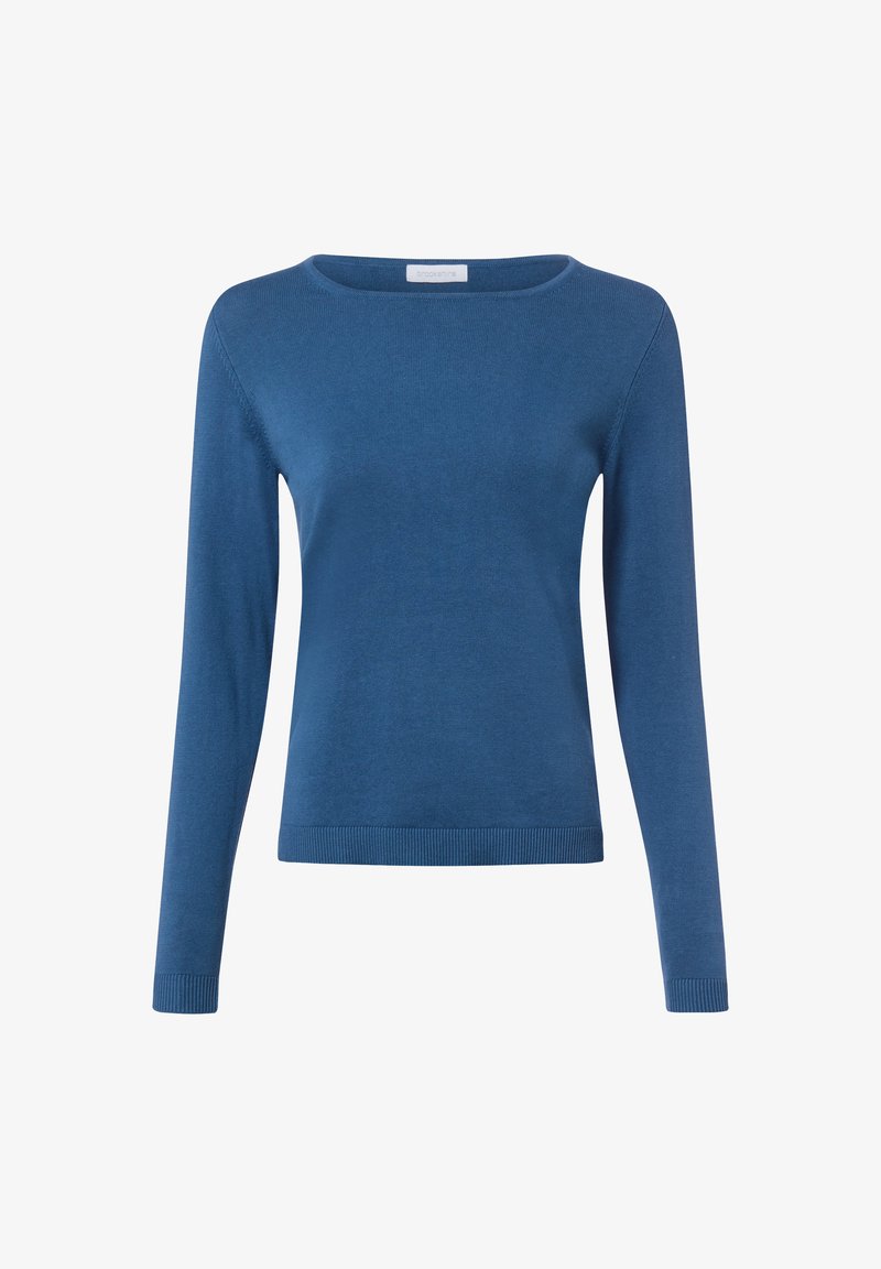 Pull bleu à manches longues en tissu tricoté doux, avec un col rond et un ourlet côtelé, coupe ajustée et texture uniforme.