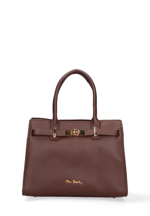 Borsa a mano in pelle marrone con un design strutturato, texture liscia e hardware in tonalità oro. Presenta due manici superiori e una chiusura a scatto.