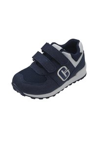 Baskets bleu marine en matériau texturé avec des panneaux en maille, double bande Velcro, accents blancs et une semelle en caoutchouc dotée de motifs de traction.