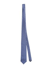 Cravatta in seta blu con un motivo geometrico di piccoli quadrati e puntini bianchi; texture liscia e design con punta.