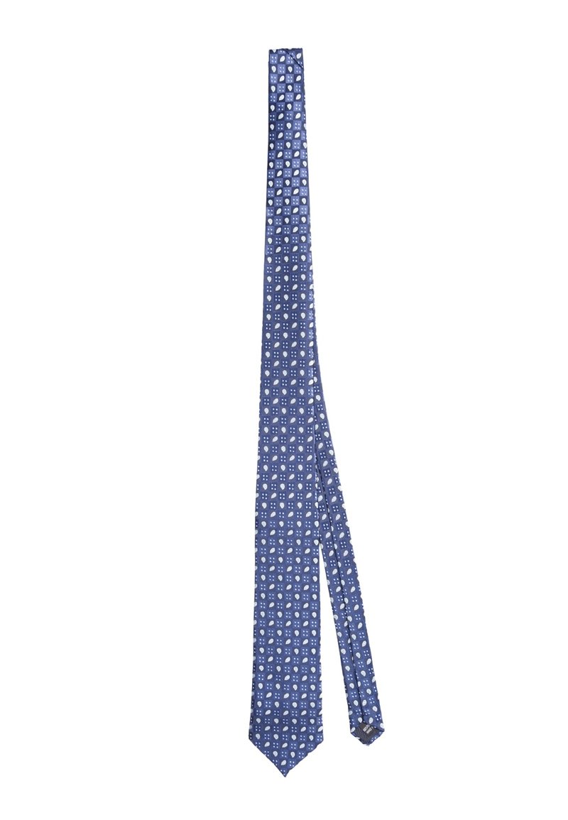 Cravatta in seta blu con un motivo geometrico di piccoli quadrati e puntini bianchi; texture liscia e design con punta.
