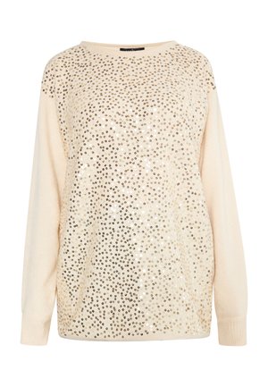 Crème trui met lange mouwen, bedekt met pailletten voor een glinsterend effect. Zachte textuur, ontspannen pasvorm en klassieke ronde halslijn.