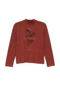 Langärmliger, rostfarbener Pullover aus Baumwolle mit floralem Druck und dem Text "dreamy" in der Mitte, ausgestattet mit einem gerippten Halsausschnitt.