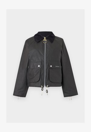 Czarna kurtka Barbour z kołnierzem z sztruksu, przednim suwakiem z kółkiem, dwoma kieszeniami na zatrzaski oraz regulowanymi sznurkami przy dole i mankietach.