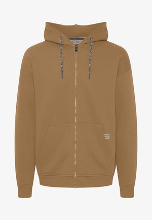 Brun zip-up hættejakke lavet af blødt stof, med en hætte med snor i blå og hvide nuancer og to frontlommer.