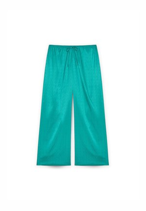 Pantaloni turcoaz cu picioare largi, confecționați dintr-un material neted și ușor, cu talie reglabilă prin șnur și o textură subtilă. Fără modele sau accente suplimentare.