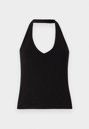 Črn top brez naramnic z globokim V-izrezom, narejen iz gladkega materiala. Prijeten kroj s čistim robom in razkritimi rameni.