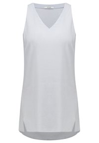 Svetle šedý bezrukávový top s véčkovým výstřihem, hladkou texturou, postranními rozparky a uvolněným střihem. Vyroben z lehké tkaniny.