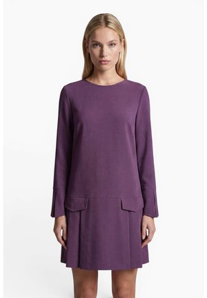 Woman with straight blonde hair wearing a long-sleeve purple dress with flap details on the skirt, standing against a white background.