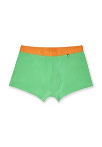 Green cotton blend boxer briefs with an orange elastic waistband featuring the word "HAPPY" embossed around the top.