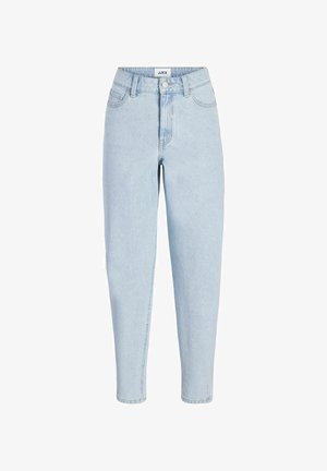 Lyseblå høj-talje jeans med frontknap og lynlås, fem-lommer stil og tilspidsede ben.