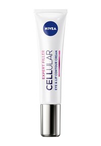 White tube with silver cap, labeled "NIVEA EXPERT FILLER CELLULAR EYE & LIP CONTOUR CREAM" featuring bold purple and pink lettering.