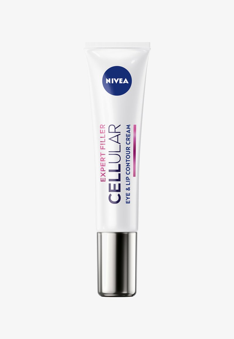 White tube with silver cap, labeled "NIVEA EXPERT FILLER CELLULAR EYE & LIP CONTOUR CREAM" featuring bold purple and pink lettering.