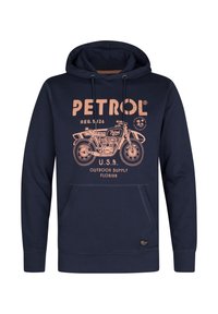 Marineblauwe hoodie van katoenmix, met een grafische print van een motorfiets en tekst in lichtoranje. Inclusief een kangoeroezak.