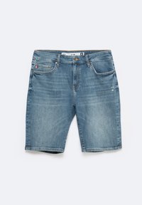 Gai zilinēšanas džinsu šorti ar šauru piegriezumu, kas satur divas priekšējās kabatas, monētu kabatu un vieglu nolietojumu audumā.