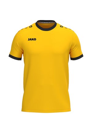 Geel sportshirt met korte mouwen, zwarte kraag en mouwranden, schouderlogo's en de tekst "JAKO" aan de voorlinkerkant.