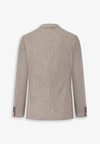 Beige hørnrudejakke med spidse klapper, enkelt spræt og knapmanchetter. Fremstillet af struktureret stof, den har en skræddersyet pasform.
