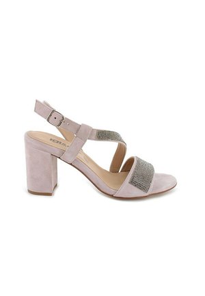 Sandalo con tacco alto in suede rosa chiaro, caratterizzato da due cinturini incrociati, un cinturino decorato con strass e un tacco largo. Chiusura con fibbia metallica.