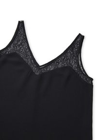 Black sleeveless top with a V-neck design, featuring lace accents along the neckline and a smooth, lightweight fabric texture.