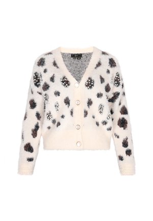 Chlupatý krémový cardigan s černými a hnědými skvrnami, zdobený perlovými akcenty a velkými knoflíky. Zkrácená délka a design s výstřihem do V.