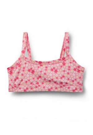 Crop top rosa per ragazza con spalline sottili, ricoperto da un motivo di piccoli fiori rossi, gialli e bianchi su sfondo uniforme.