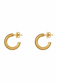 Pendientes de aro de oro con un diseño redondeado y abierto. Superficie lisa con un acabado brillante y cierre de shiny. Estilo minimalista, livianos.