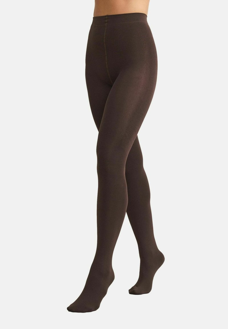 Brown opaque tights with a smooth texture and high waistband, featuring a simple design and seamless construction throughout.