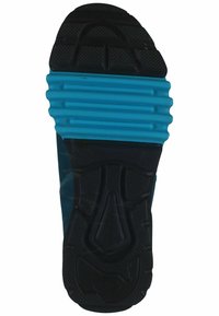 Gummisohle mit schwarzem Boden und einer strukturierten Oberfläche sowie einem blauen Mittelteil mit Rillen für Traktion und Halt.